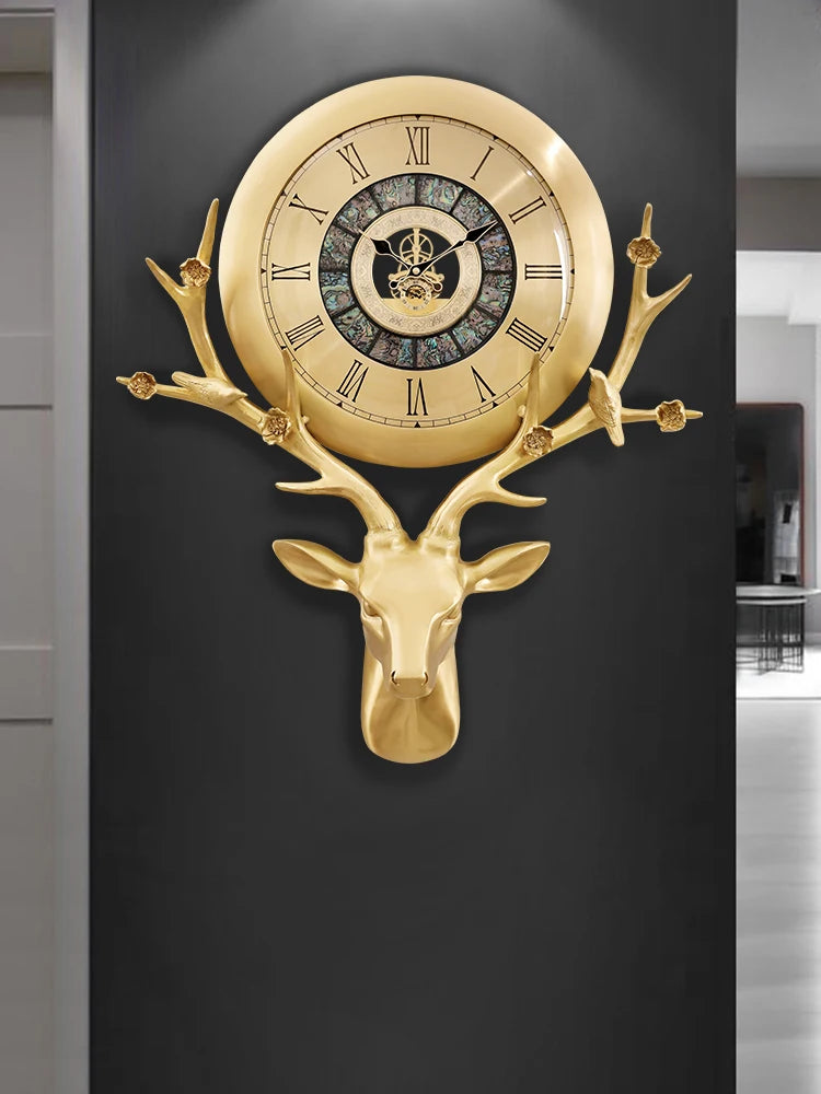 Brass deer head clocks, home living rooms, European-style light luxury wall-hung clocks, villa entrances, American art creative