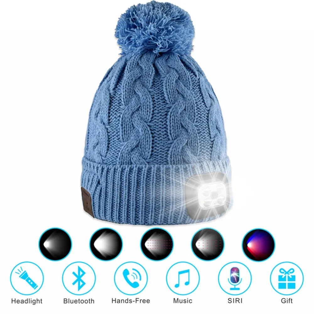 Wireless Bluetooth-compatible Smart Music Cap Headphone Winter Knitted Beanie Hat with 5 Mode LED Light With Speakers&Mic Earbud