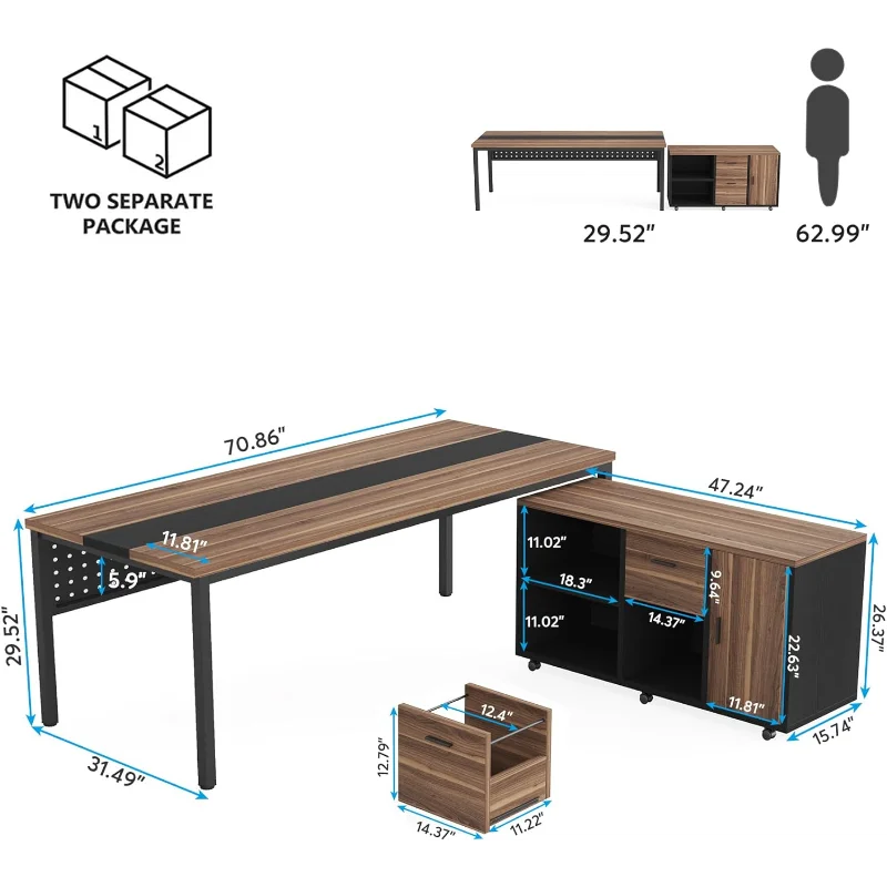 Tribesigns 70.8" Large Executive Office Desk and 47" Lateral File Cabinet Combo, L-Shaped Computer Desk 2 Piece Business