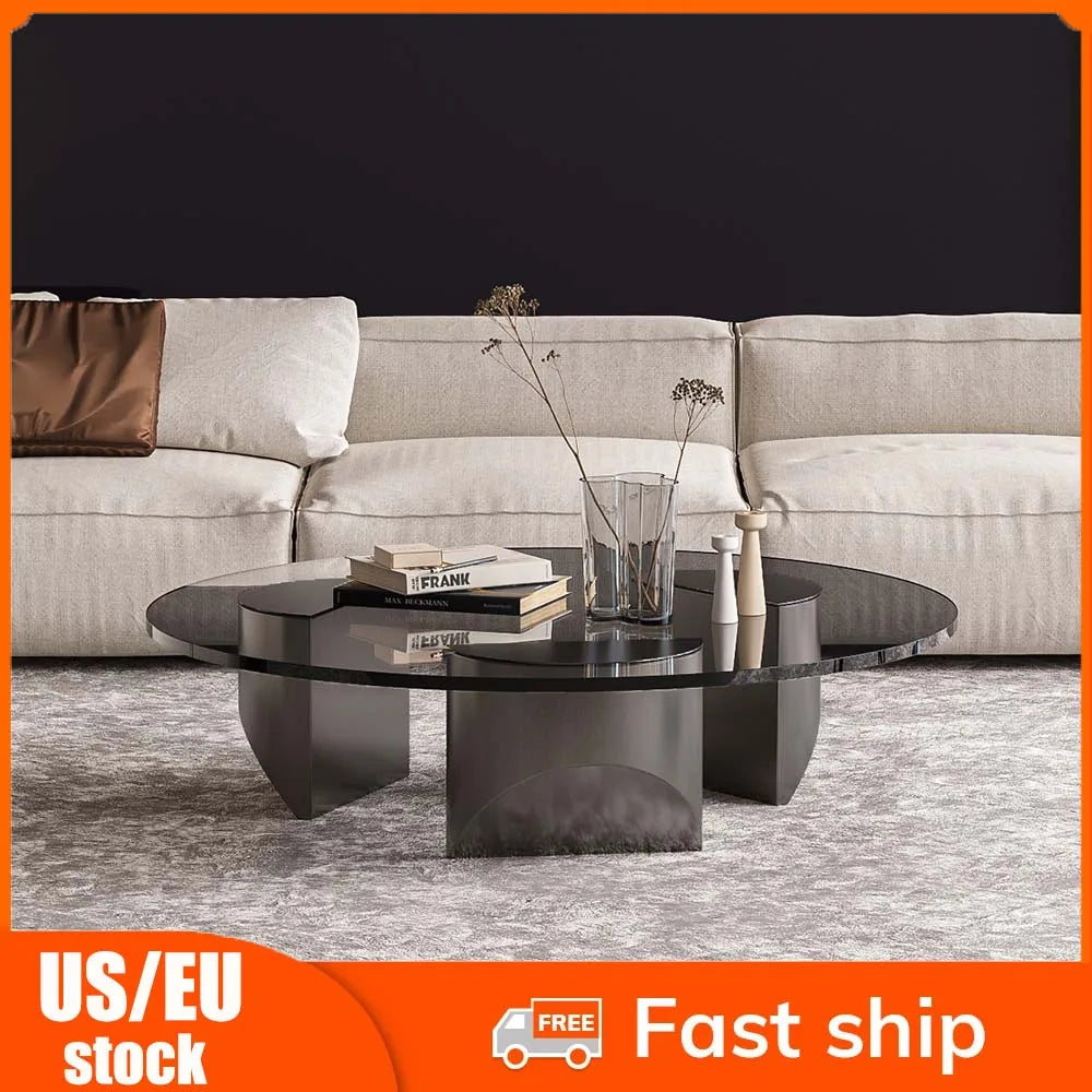 Wedge Coffee Table Round Glass Table Modern Tempered Glass Table with Heavy Duty Brushed Steel Legs for Living Room Home Office