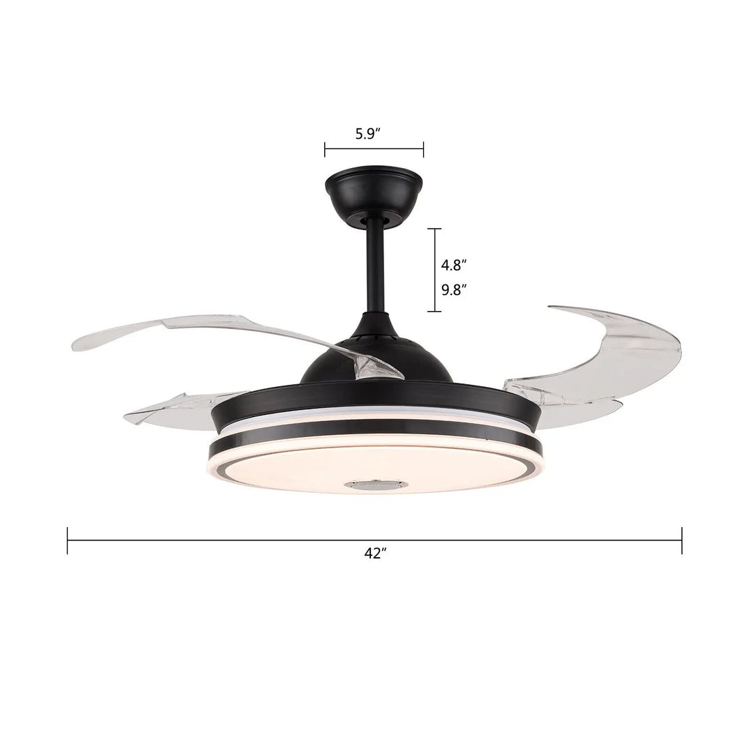 42" Retractable Ceiling Fan with Light and Bluetooth Speaker Dimmable LED Chandelier Modern Black LED Ceiling Fan Light for Home