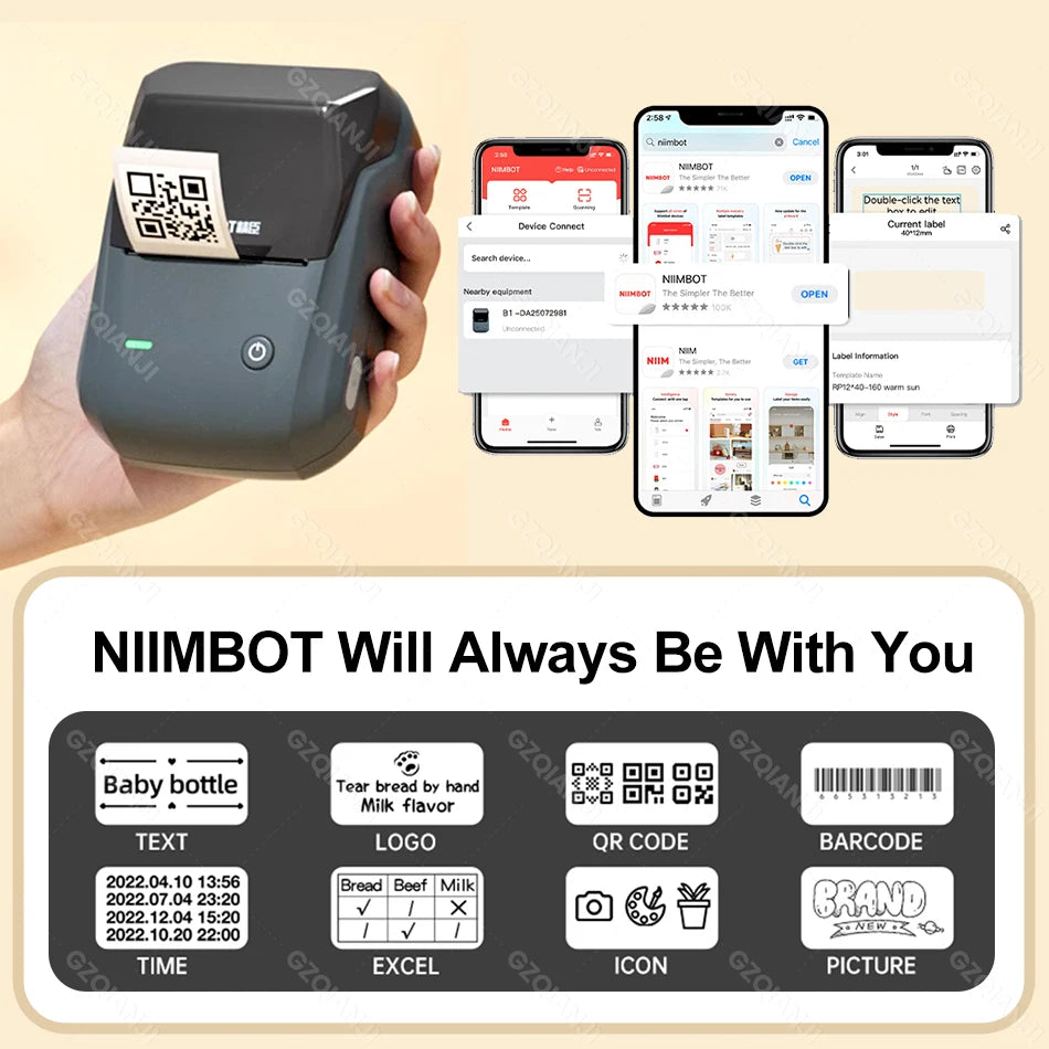 Niimbot B21 Portable Label Maker 20-58mm Width Bluetooth Wireless Barcode Images Sticker Adhesive Print Home Office Commercial