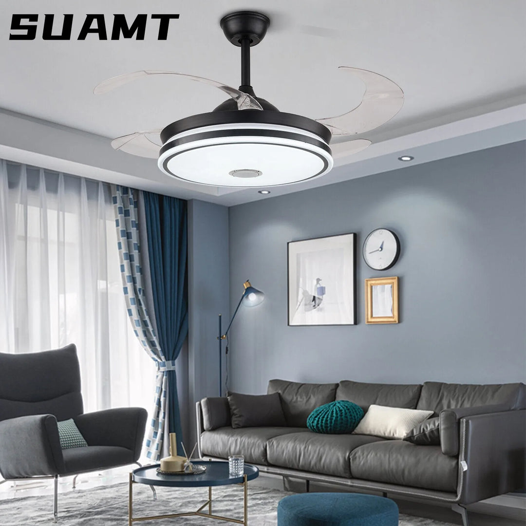 42" Retractable Ceiling Fan with Light and Bluetooth Speaker Dimmable LED Chandelier Modern Black LED Ceiling Fan Light for Home