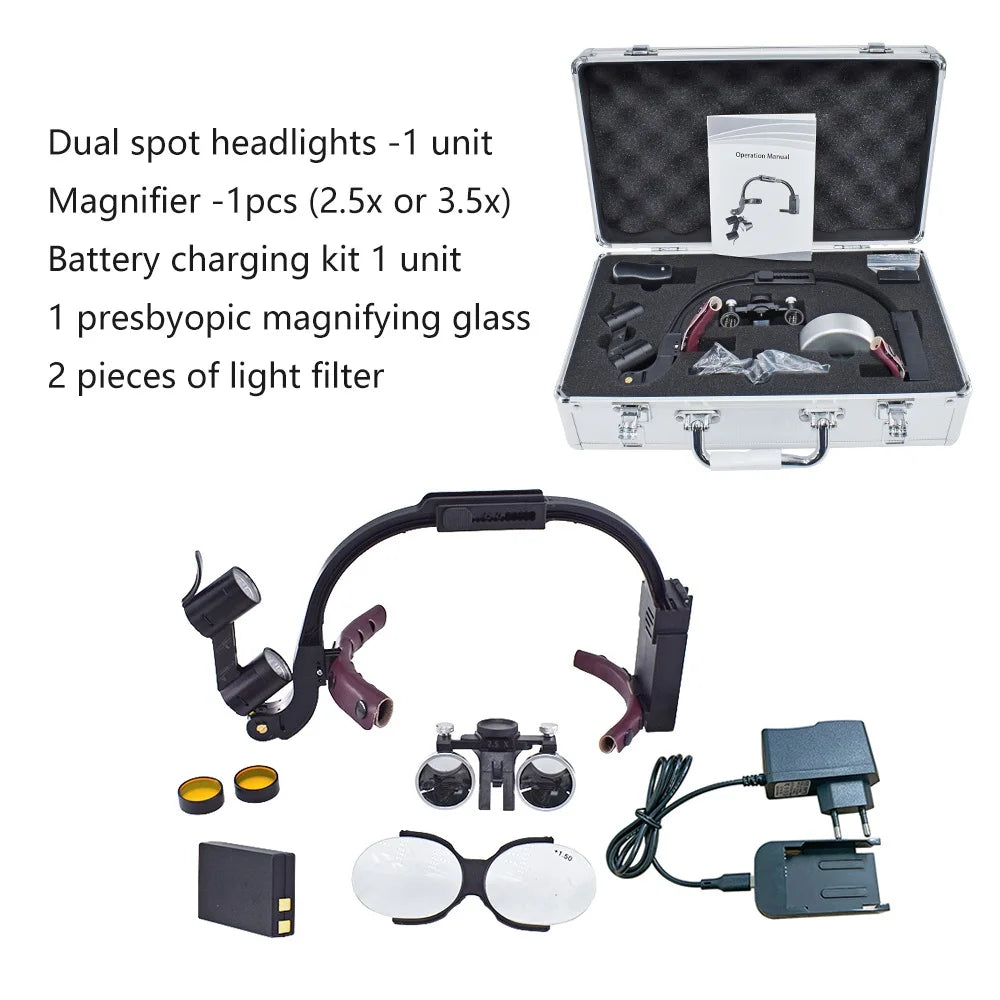 Dental LED Headlight Binocular Loupes Deasin 2.5X/3.5X Headband Ajustable 5W Dentist Surgical Headlamp Dentistry Magnifier