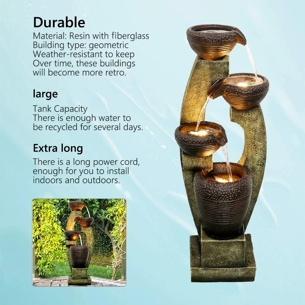 2024 New 40” H Modern Outdoor Fountain - 4 Crocks Outdoor Garden Fountains with Contemporary Design&LED Light