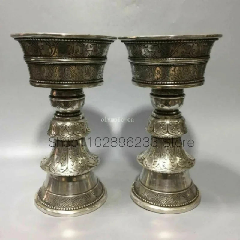 Pair 10&apos;&apos; copper silver plating carved tibetan buddhism butter lamp statue