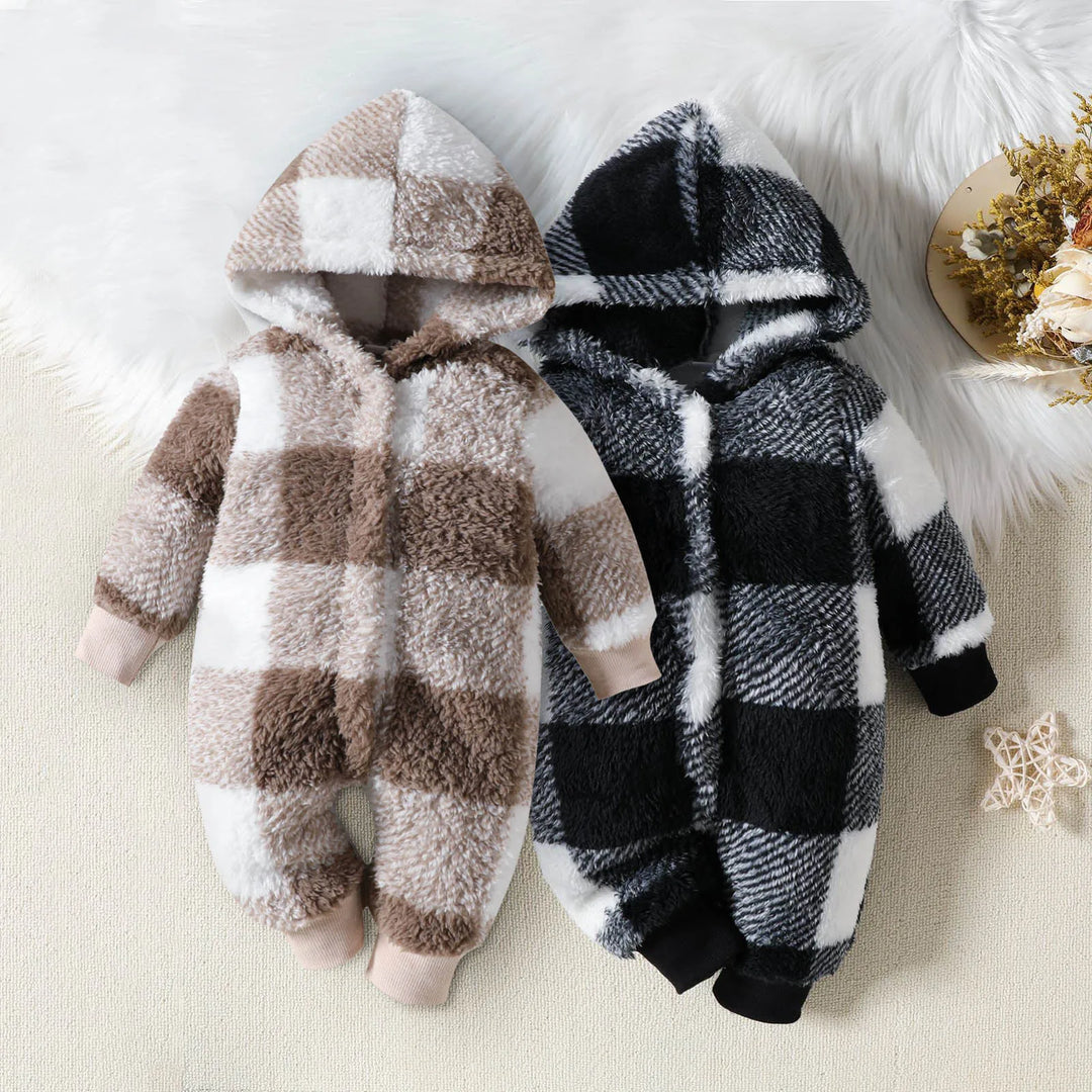 Winter Newborn Baby Boys Snowsuit Autumn Kids Fleece Plaid Long Sleeve Jumpsuits Warm Hooded Rompers for Infants 0-18 Months