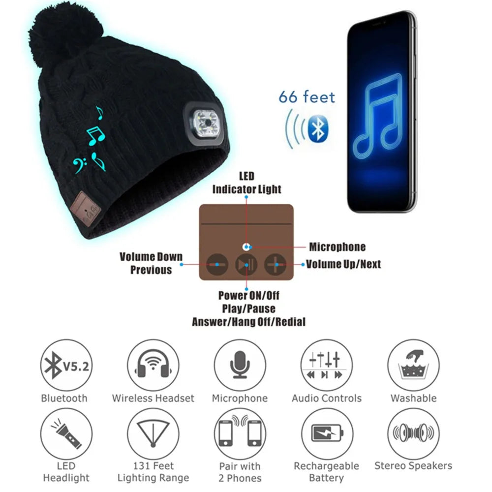 Wireless Bluetooth-compatible Smart Music Cap Headphone Winter Knitted Beanie Hat with 5 Mode LED Light With Speakers&Mic Earbud