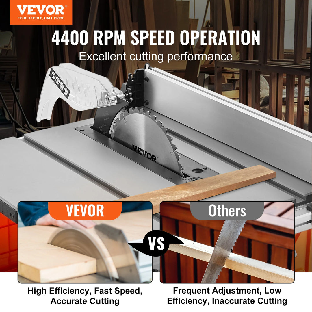 VEVOR 254mm 10inch Table Saw Electric Woodworking Cutting Machine with Dust Port 25in Rip Capacity for DIY Wood Plastics Cutting