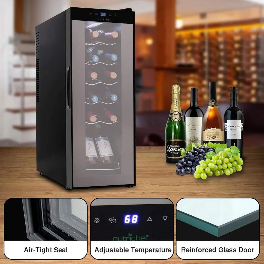 White & Red Cooler-Freestanding Countertop Compact Mini Wine Fridge Chiller 12 Bottle Capacity, Digital Control, Glass Door