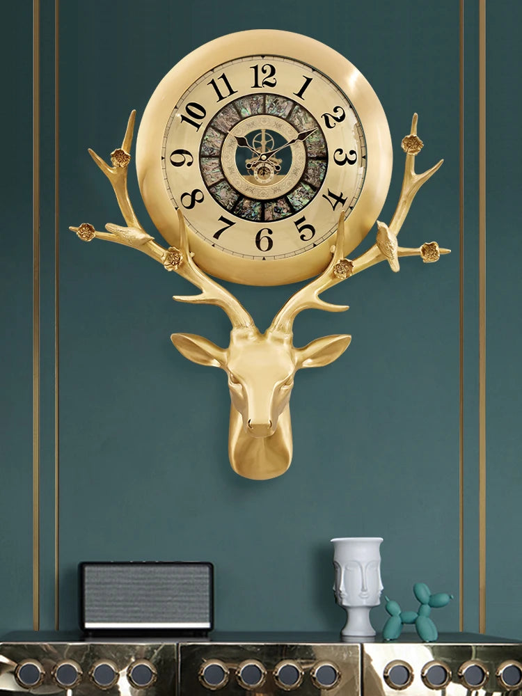 Brass deer head clocks, home living rooms, European-style light luxury wall-hung clocks, villa entrances, American art creative