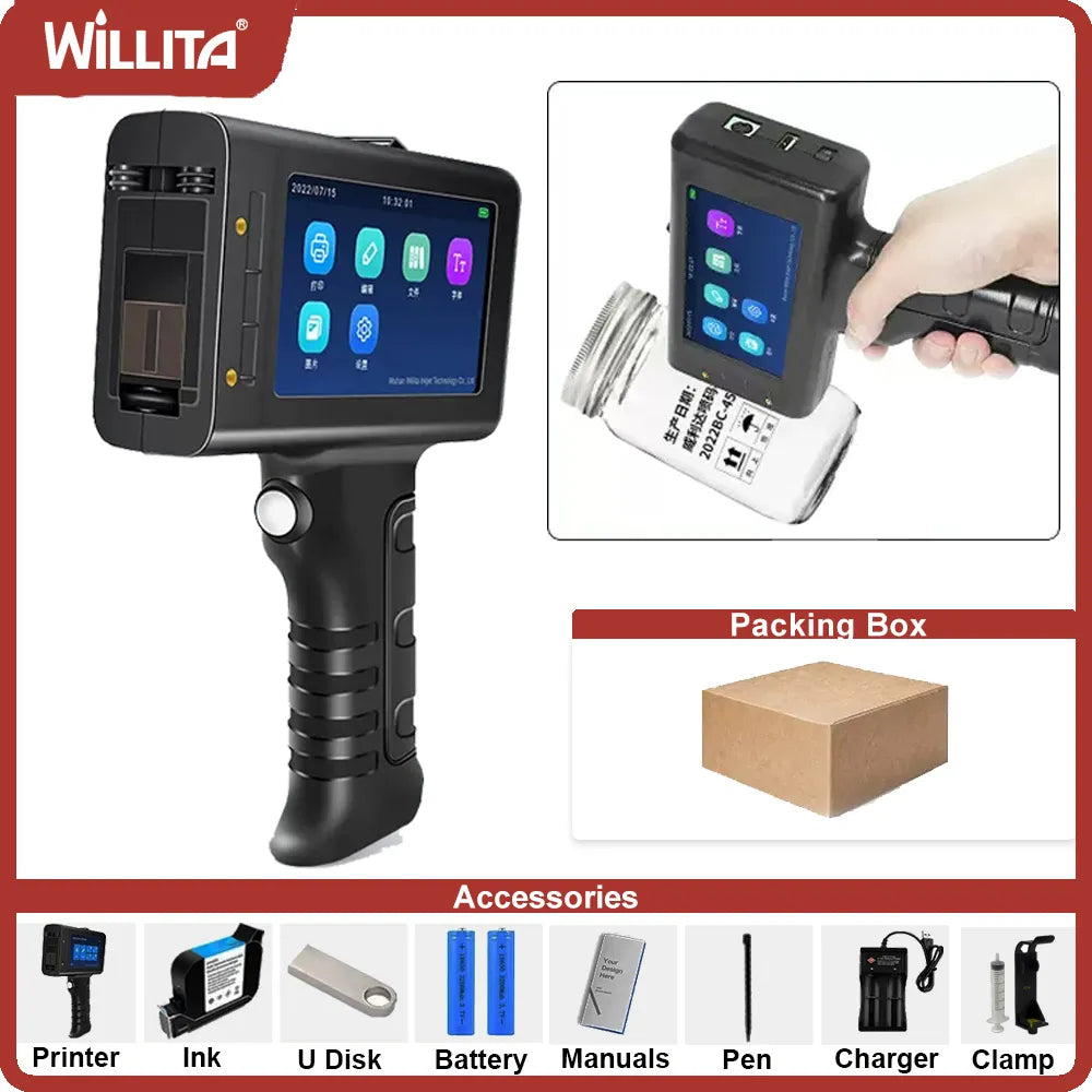 Willita 12.7mm Label Printer Handheld Inkjet Printer QR Bar Batch Code Date Number Logo Expiry Date Coding Machine For Glass