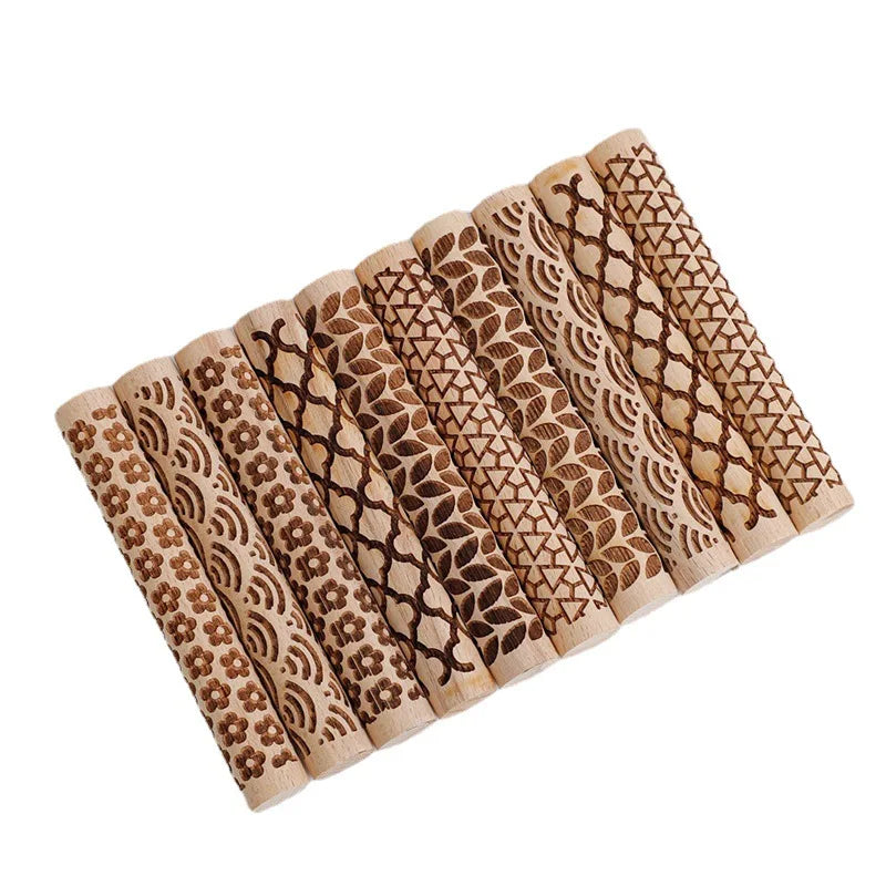 Wooden Texture Rolling Pin Ceramic Pottery Art Embossed Rod Flower Pattern Mud Roll Roll Reliefs DIY Clay Craft Tool