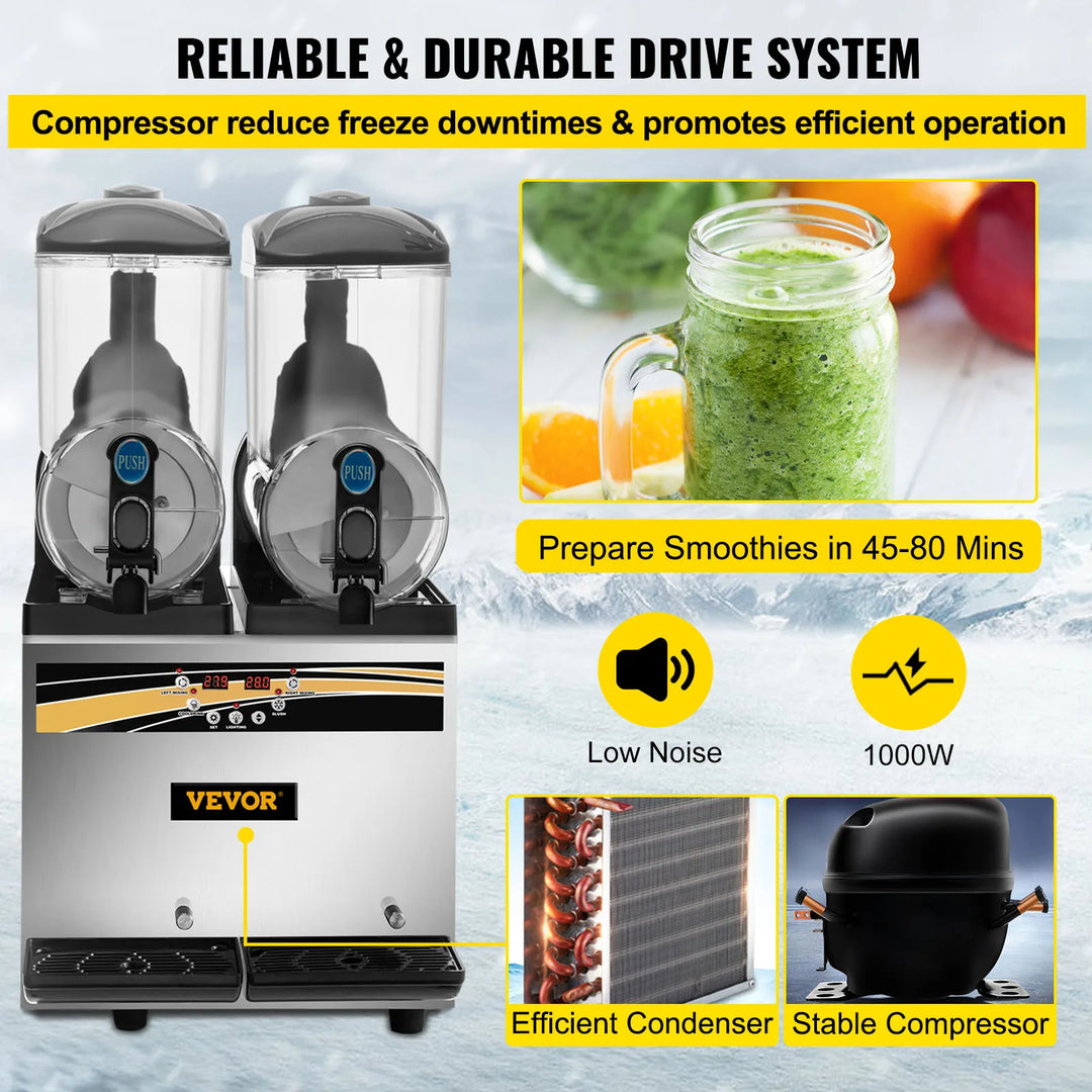 VEVOR 2x15L Commercial Slushy Machine Double Drink Dispenser Cold Juice Beverage Maker Stainless Steel for Home Bar Restaurant