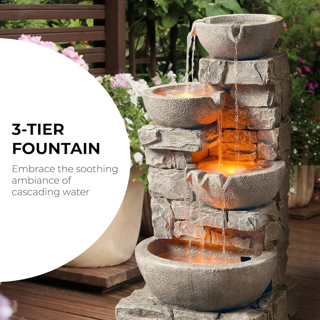 Teamson Home 4 Tiered Bowls Floor Stacked Stone Waterfall Fountain with LED Lights and Pump