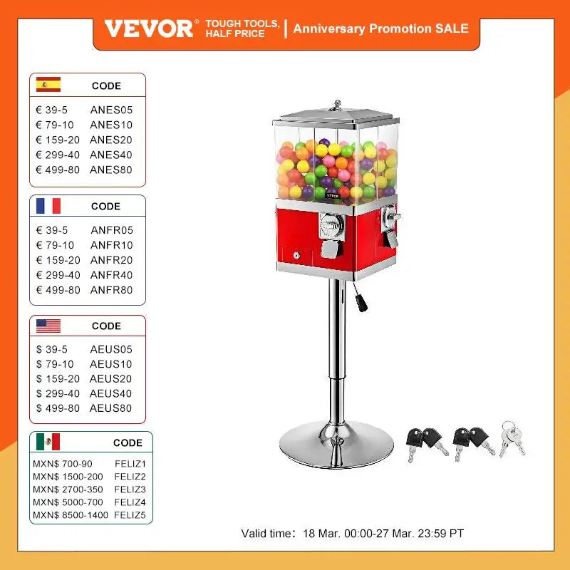 VEVOR Gumball Machine with Stand Quarter Candy Dispenser Rotatable Four Compartments Square Vending Machine Adjustable Wheels