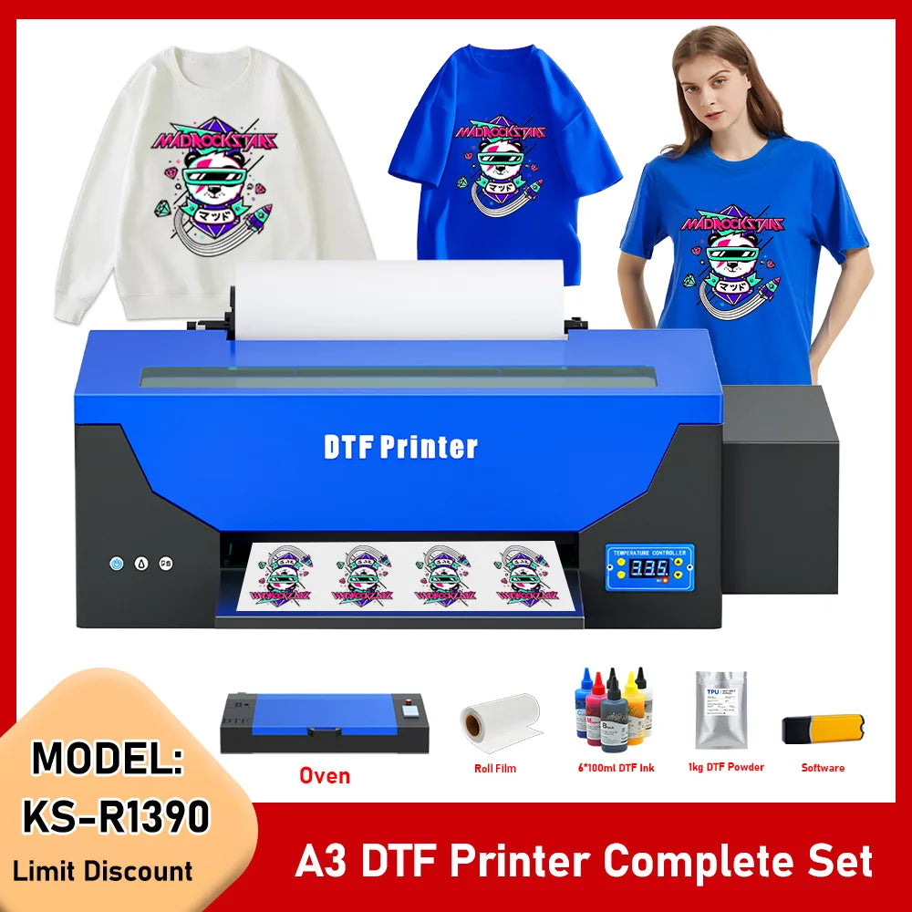 A3 DTF Printer with DTF Oven A3 R1390 DTF Printer Bundle for T Shirt All Fabric Direct Transfer Film DTF Tshirt Printing Machine