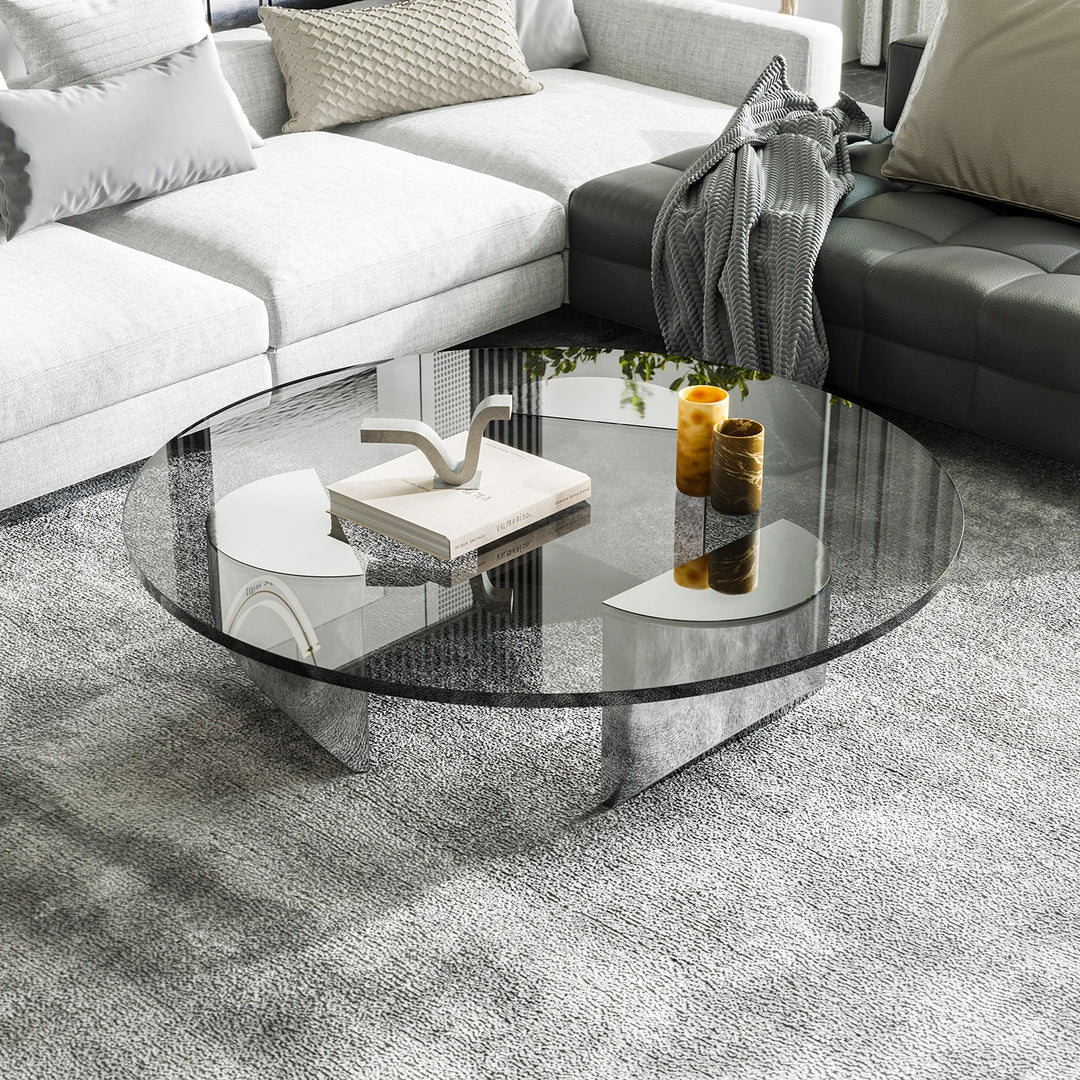 Wedge Coffee Table Tempered Glass Household Minimalist Stainless Steel round Tea Table Side Table for Living Room Bedroom Office