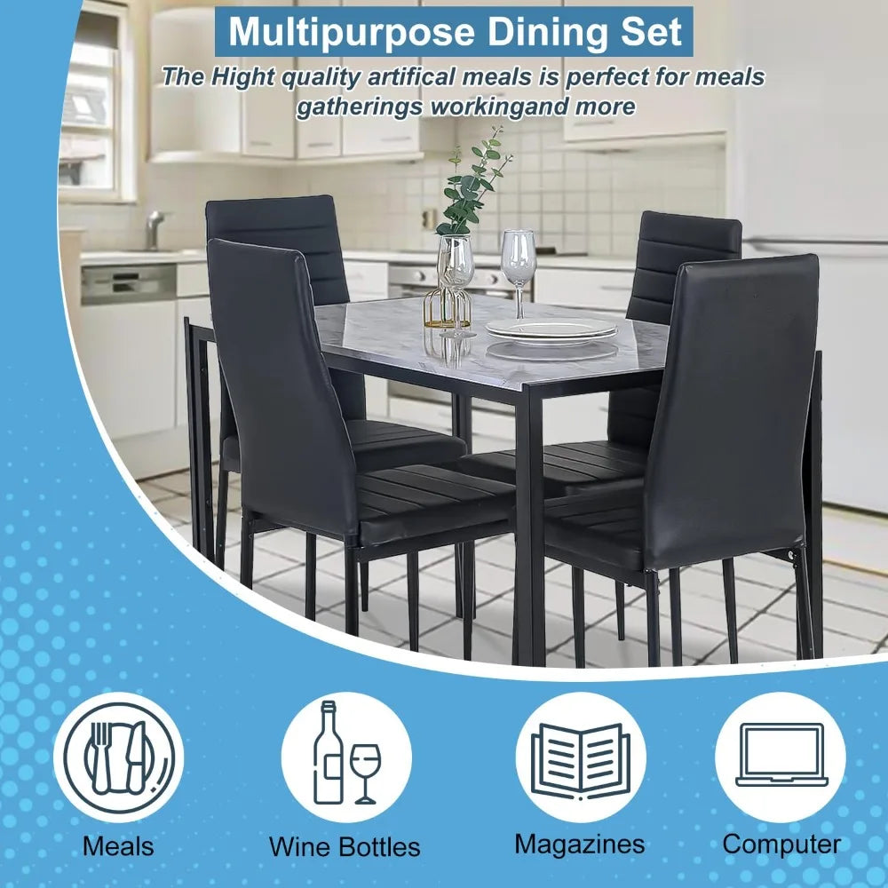 2024 New Dining Table and Chairs Set, Modern Rectangular Marble Table Top with 4 Chairs PU Leather for Dining Room and Kitchen