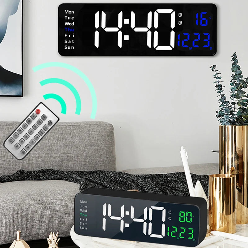 Wall-mounted Digital Wall Clock With Remote Control Large Wall Clocks Temp Date Week Display Power Off Dual Alarms Table Clock