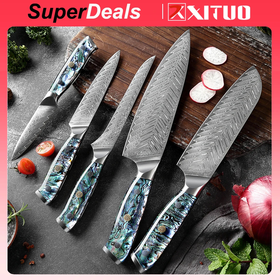 XITUO 1-5 PCS Damascus Steel knife Set Kitchen Cooking Knives Chef Knife Japanese Santoku Boning knife Exquisite Shell Handle