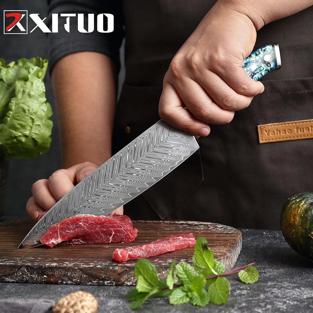 XITUO 1-5 PCS Damascus Steel knife Set Kitchen Cooking Knives Chef Knife Japanese Santoku Boning knife Exquisite Shell Handle