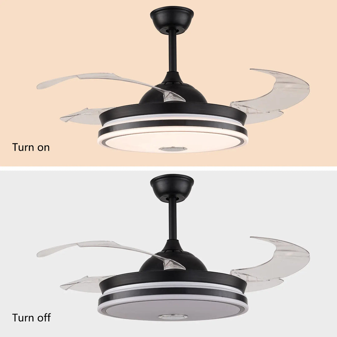 42" Retractable Ceiling Fan with Light and Bluetooth Speaker Dimmable LED Chandelier Modern Black LED Ceiling Fan Light for Home