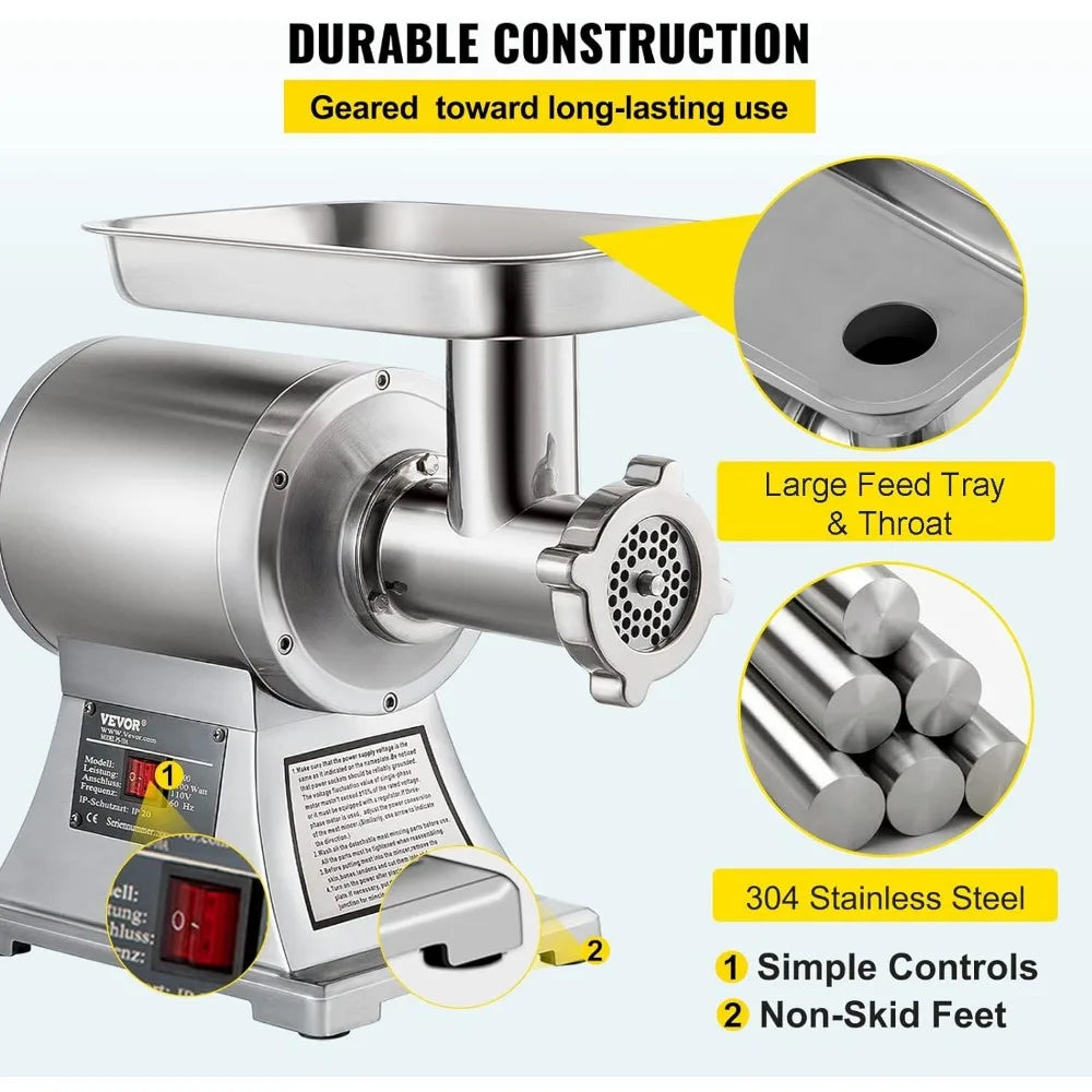 Commercial Meat Grinder, 550LB/h 1100W Electric Meat Mincer, Heavy Duty Industrial Meat Mincer Machine,2 grinding plates