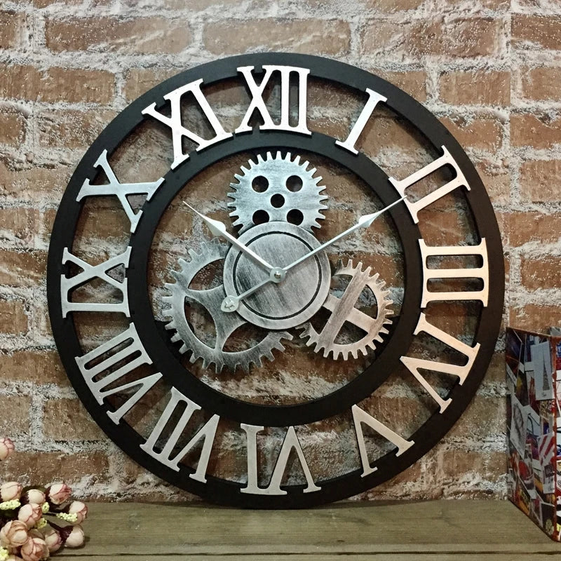 European silent retro creative clock Digital art wall clock Living room personality Industrial wind gear wall hanging clock