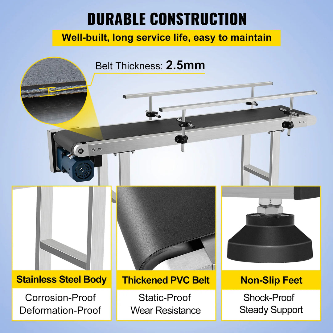 VEVOR 150 CM PVC Conveyor Belt Machine 59''x 7.8'' With Stainless Steel Adjustable Guardrail for Automatic Electrical Industrial