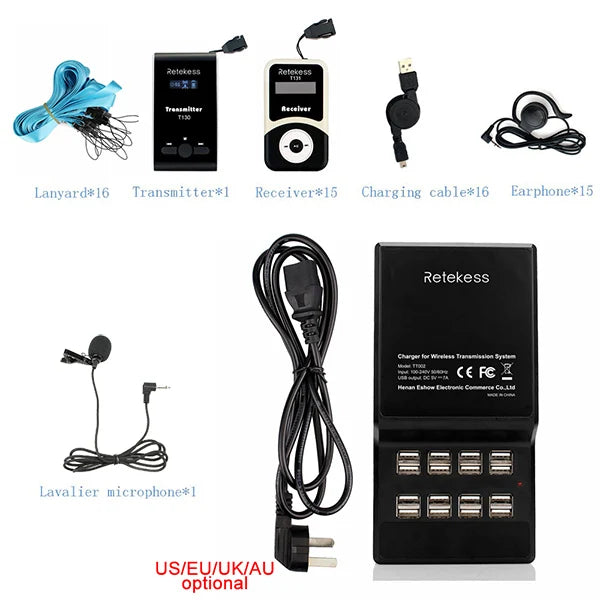 Wireless Tour Guide System 1 Transmitter 15 Receivers with 16 Port Charger Base for Tour Guide Simultaneous Translation Meeting