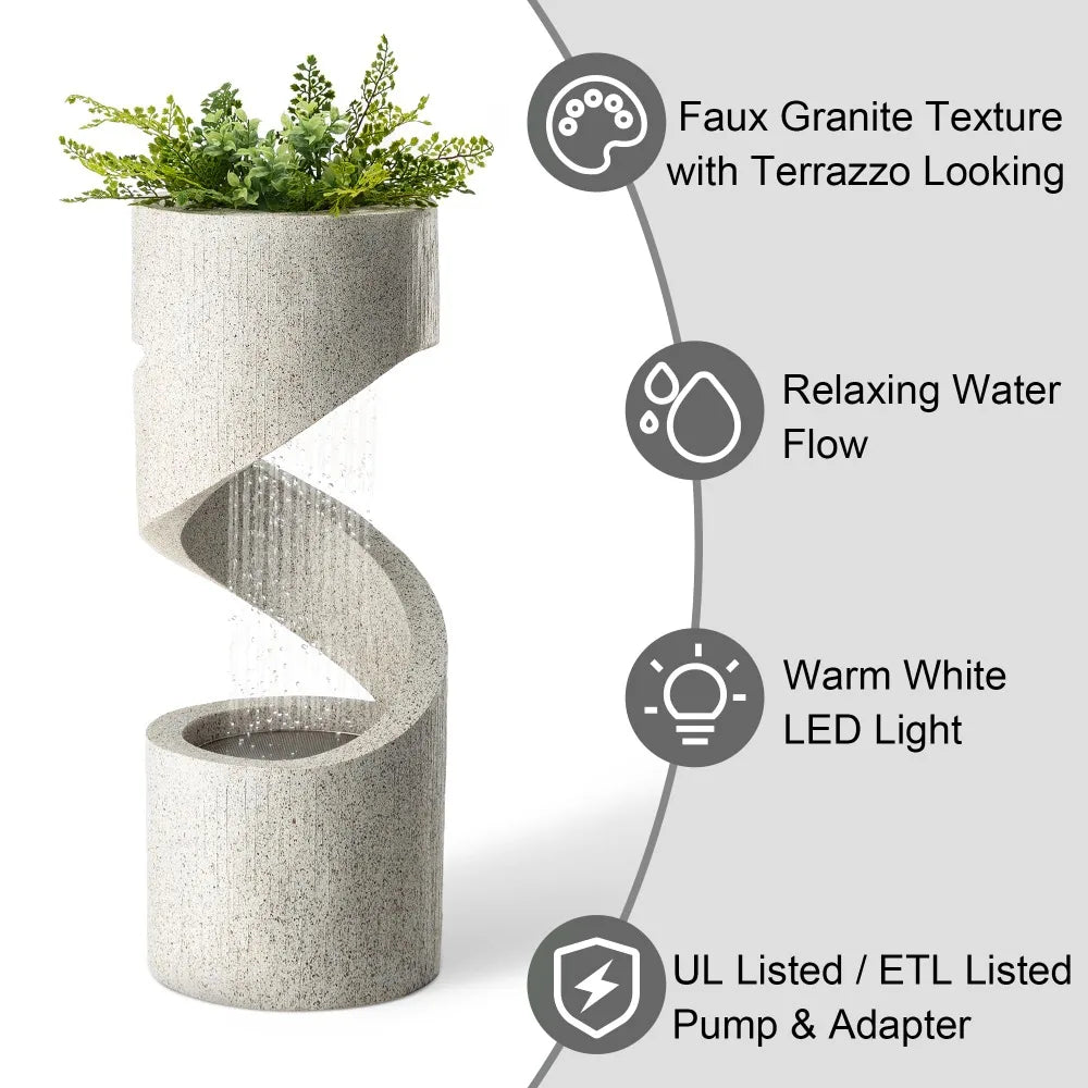 Outdoor Water Fountain with LED Light, Curved Waterfall Fountain with Stone Planter, Patio Water Fountain Garden Waterfall