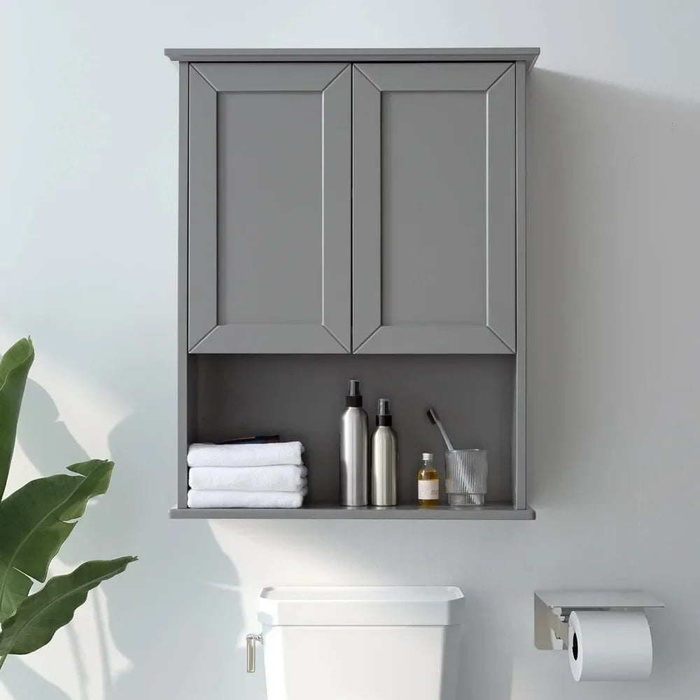 Wooden Medicine Cabinet With Adjustable Shelf Bathroom Furniture Grey Cabinet Wall Mounted With 2 Doors Kitchen Laundry Room