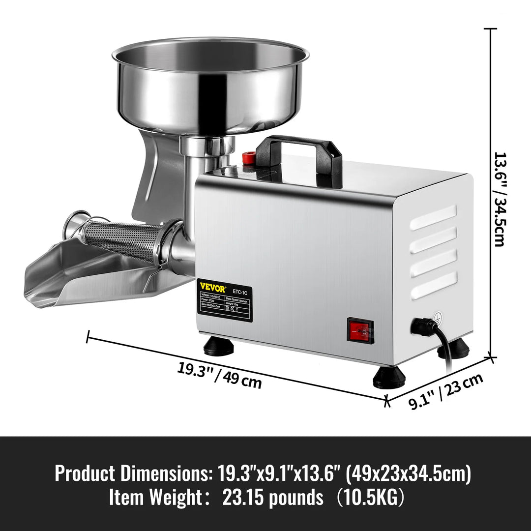 VEVOR Electric Fruit Press Strainer Machine 90-160Kg/h Commercial Food Strainer Sauce Maker Stainless Steel Tomato Milling Tool