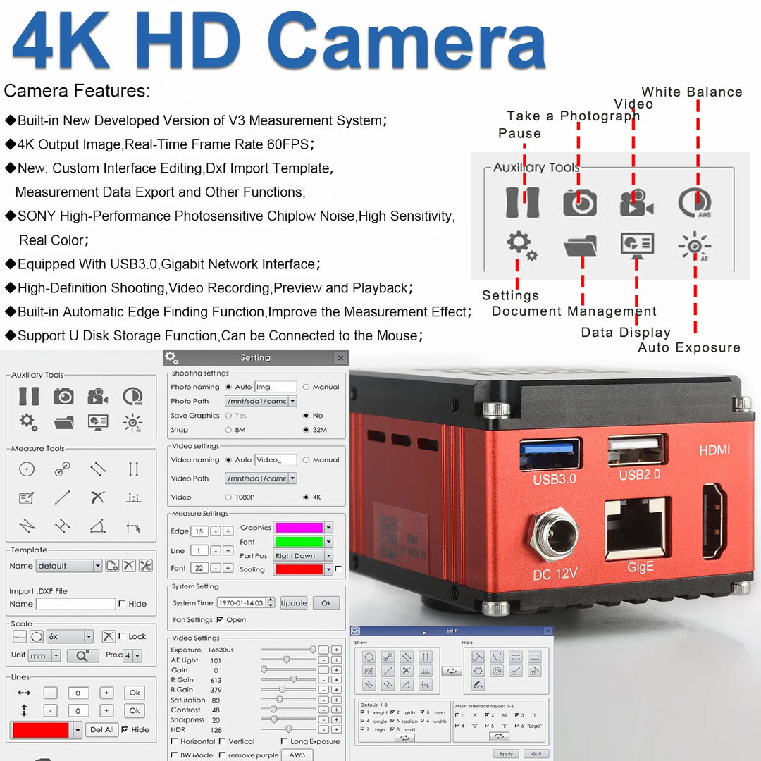 22X-155X HD 4K Measurement Electron Microscope HDMI Output Supports Photography,Video Recording,up and Down LED Light Source