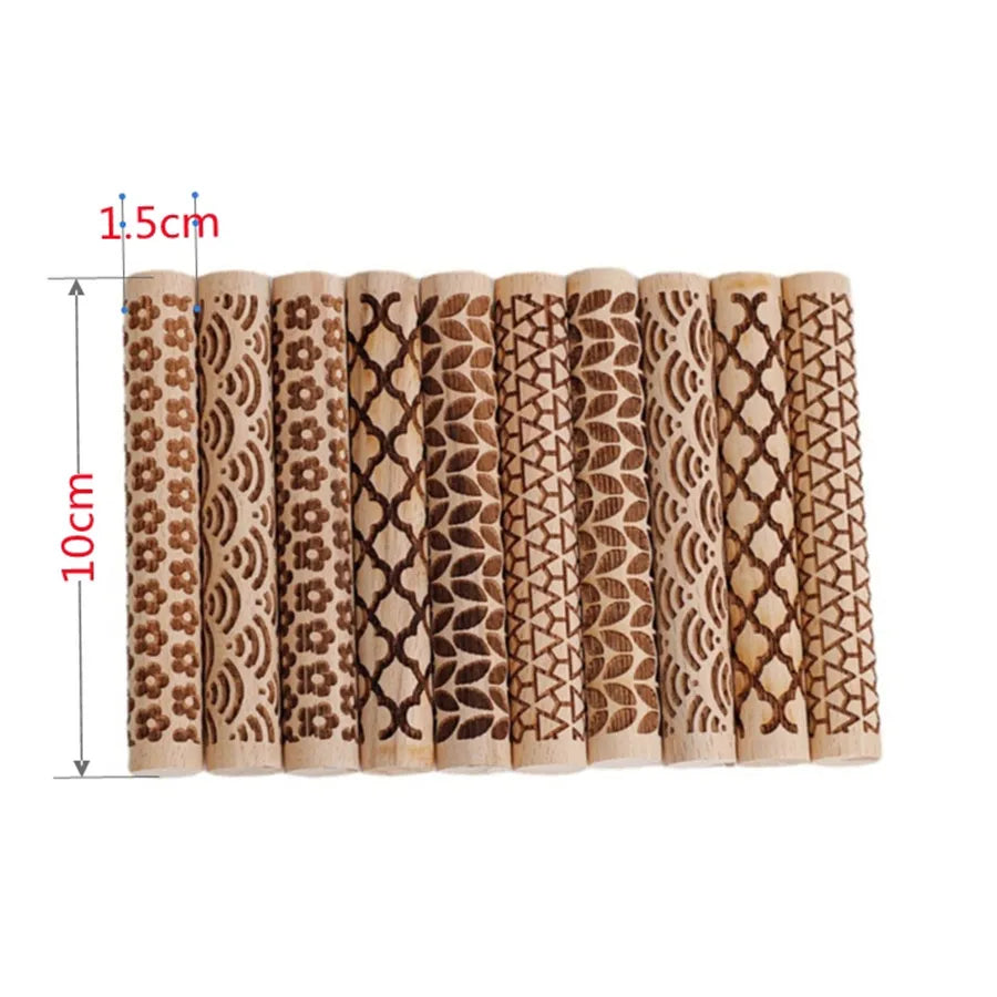 Wooden Texture Rolling Pin Ceramic Pottery Art Embossed Rod Flower Pattern Mud Roll Roll Reliefs DIY Clay Craft Tool