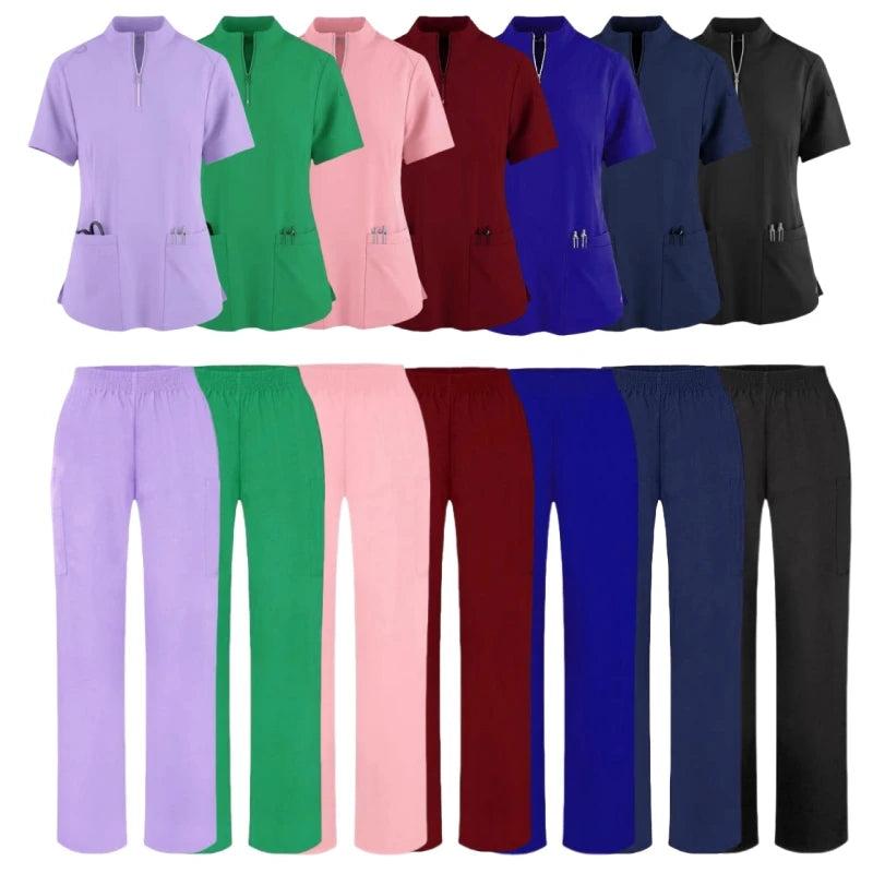 Women's 4-Pocket Zip-Neck Short Sleeve Scrub Top Nurse Uniforms Women Medical Nurses Accessories for Hospital Doctor Uniform