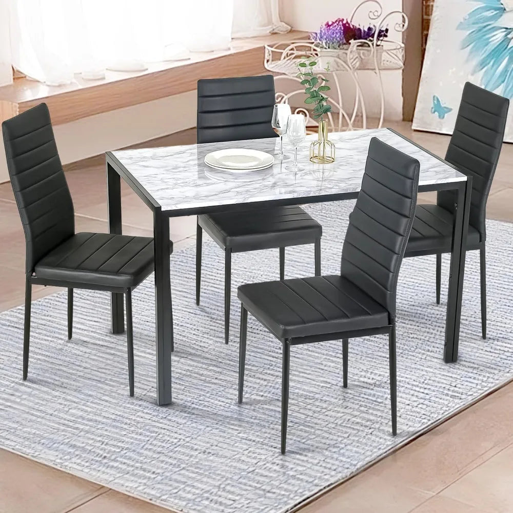 2024 New Dining Table and Chairs Set, Modern Rectangular Marble Table Top with 4 Chairs PU Leather for Dining Room and Kitchen