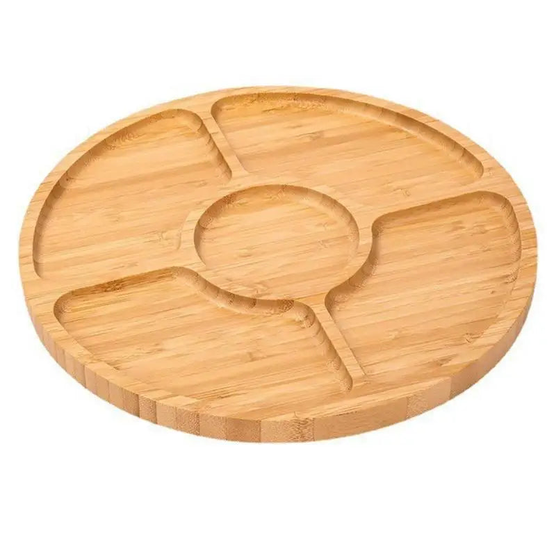 Wooden Divided Serving Trays Bamboo Fruit Tray with 5 Compartments Round Serving Tray for Party Dishes Snacks Dried Fruits