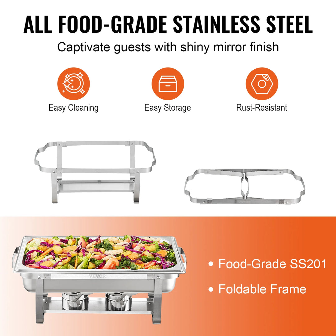 VEVOR 8QT 2 Pack Chafing Dish Buffet Set Stainless Chafer w/ 2 Full & 4 Half Size Pans Rectangle Catering Warmer Server with Lid