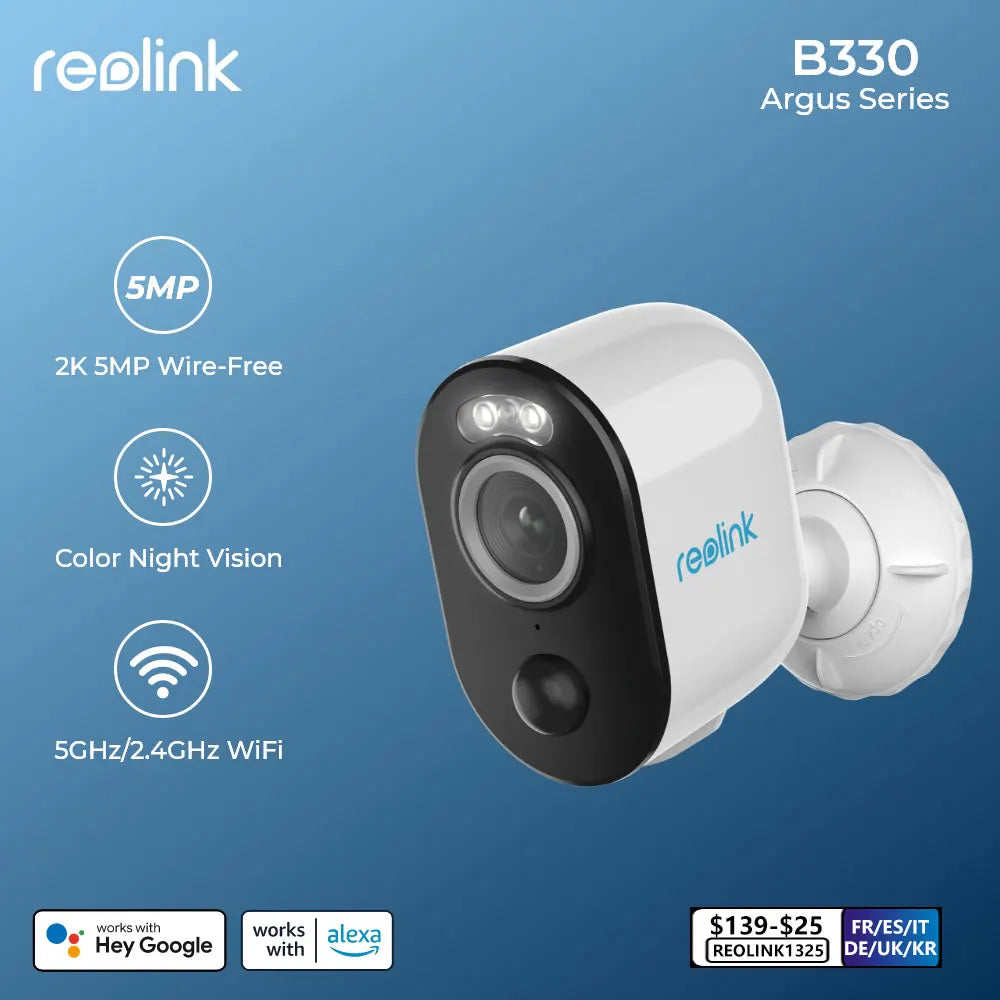 Reolink Argus B330 Battery outdoor Camera 2.4G/5Ghz WiFi Camera 5MP Human/Car Detection 2-way Audio Spotlight Smart Home Cam